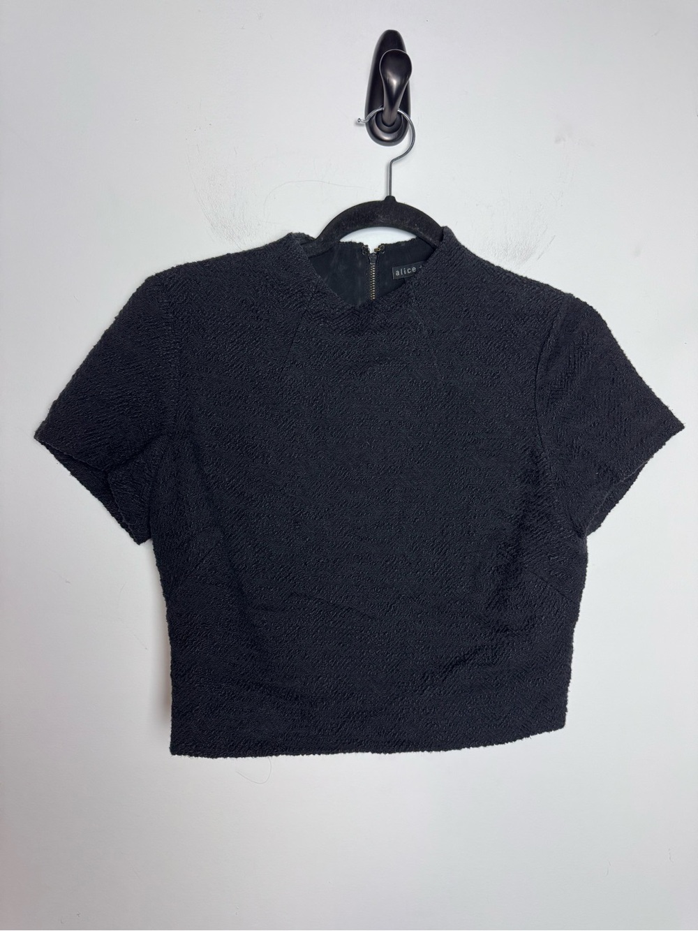 Alice + Olivia Monika Cropped Cutout Textured Short Sleeve Stretch Black Top 2